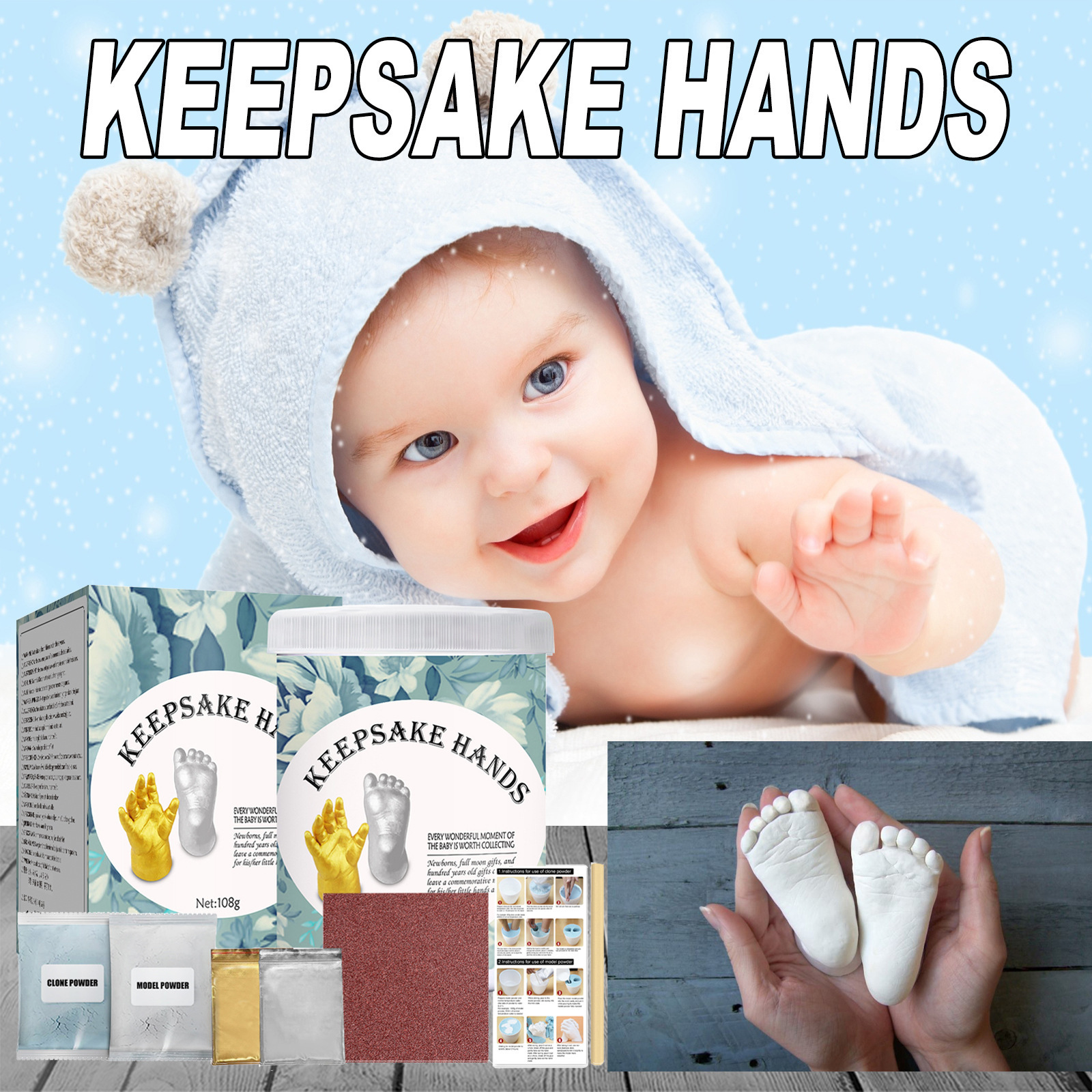 Baby Hand Mold Powder Set Baby's First Month and 100 Days Commemorative Creative 3D Stereo Hand and Foot Print Replica Model Powder