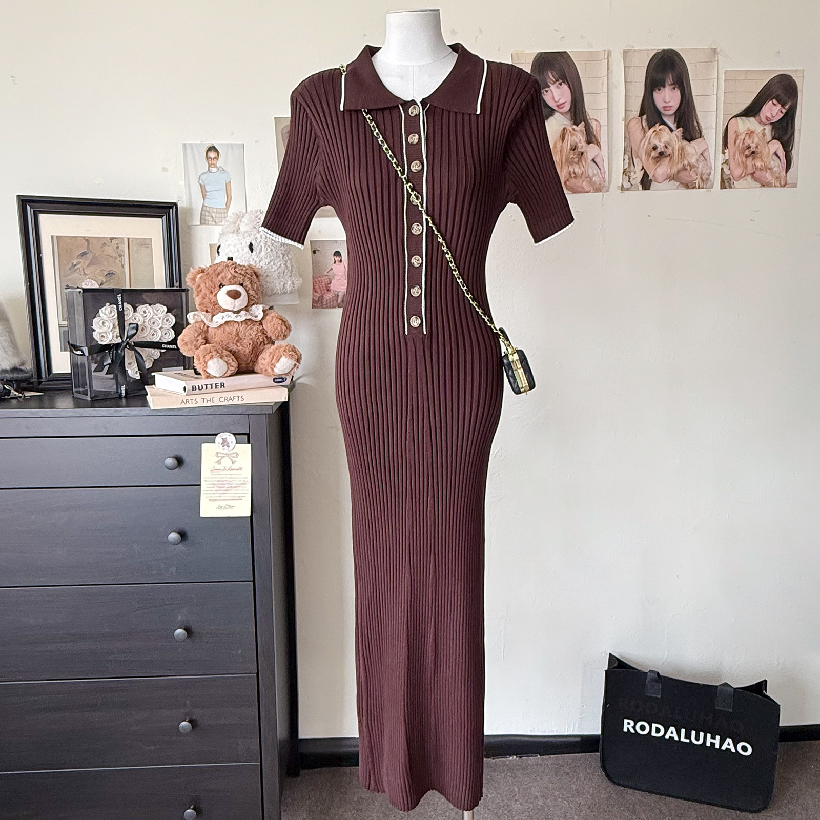 Women's Short-Sleeve Turn-Down Collar Knit Dress, Cross-Border 2025 Spring/Summer New European And American Style Ribbed_ecoleips.com