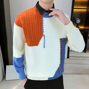 Cross-Border Hot Sale, Popular Ready-Made Autumn and Winter New Fake Two-Piece Shirt Collar Knitwear, Loose Knitwear for Men