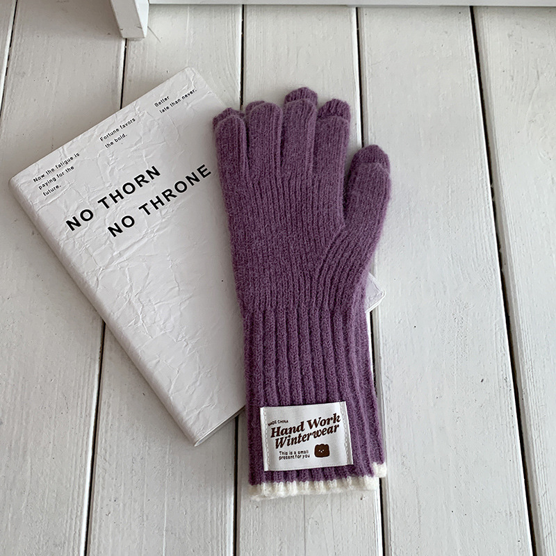 Guantes de invierno caliente pantalla táctil coreana dedo de moda para estudiantes al aire libre guantes de lana de punto a prueba de viento al por mayor