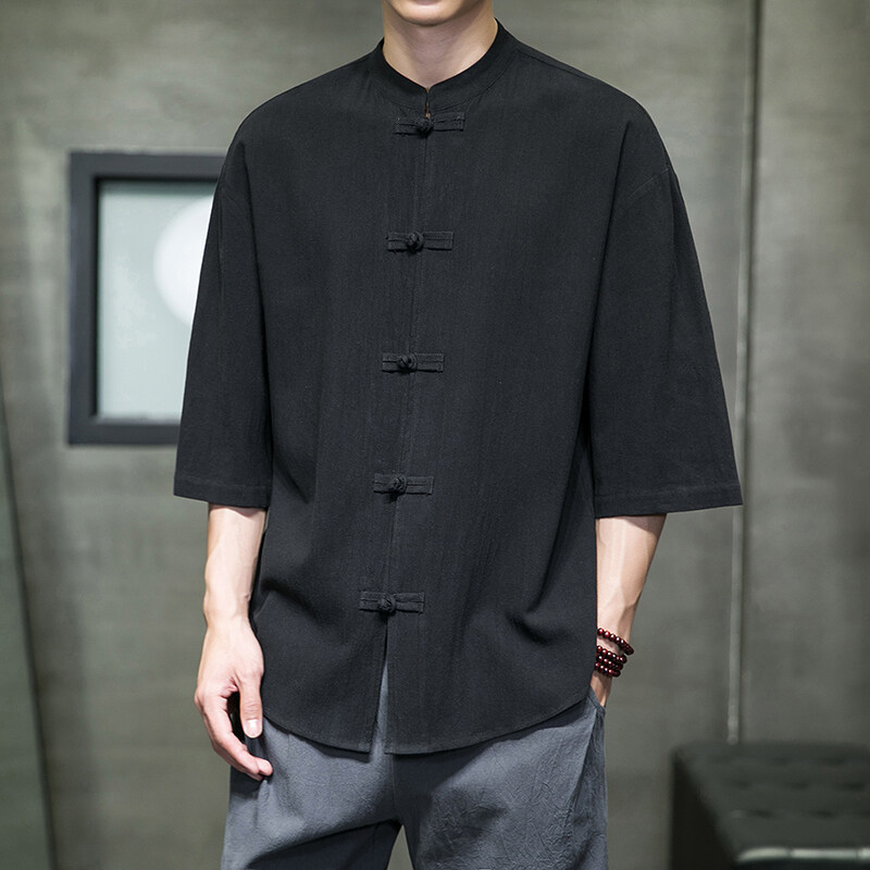 Linen Short-sleeved Shirt Men's Summer Thin Loose Cotton and Linen Shirt Chinese Style Men's Chinese Style Buckle Retro Tang Coat