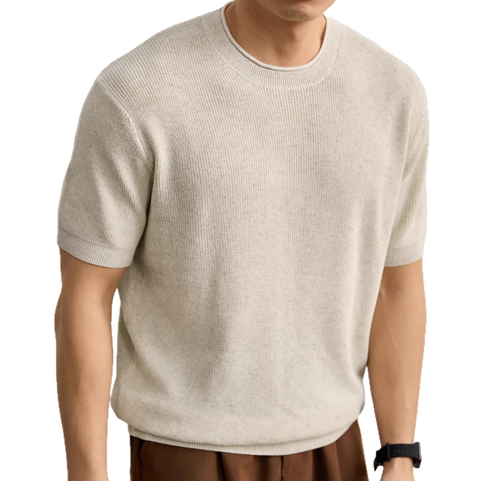 Camisa de punto de manga corta hombre cuello redondo hueco seda de hielo transpirable verano viejo estilo de negocios de color sólido en la fábrica transfronteriza al por mayor