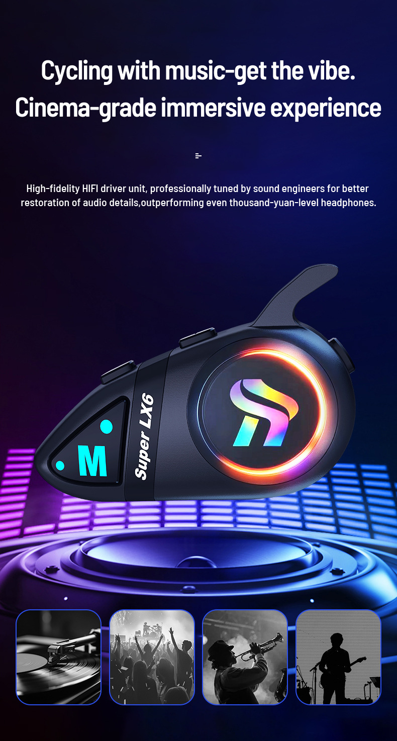 Motorcycle helmet Bluetooth headset LX6, waterproof, noise-reducing, four sound effects, riding headset, direct factory supply, samples available