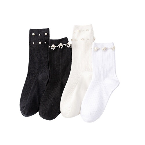 New women's socks, a circle of pearls and half flowers, double rows, black and white jk style mid-calf socks, college style accessories and personalized socks