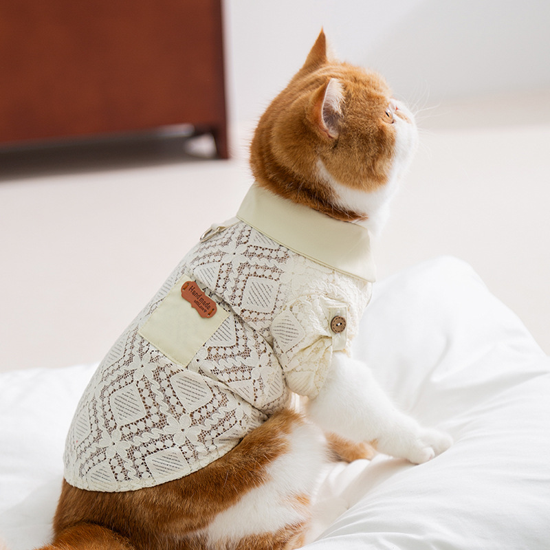 Primavera y verano gatos sin pelo gatos bolsillos de encaje camisa de dos patas perros pequeños y medianos chaleco hueco ropa de mascotas