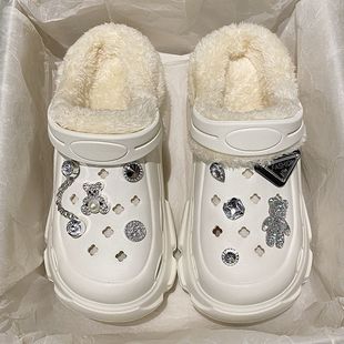 Add velvet cotton hole shoes women's autumn and winter inner container 2024 new outdoor wear height-increasing thick-soled Mao Mao cotton slippers winter