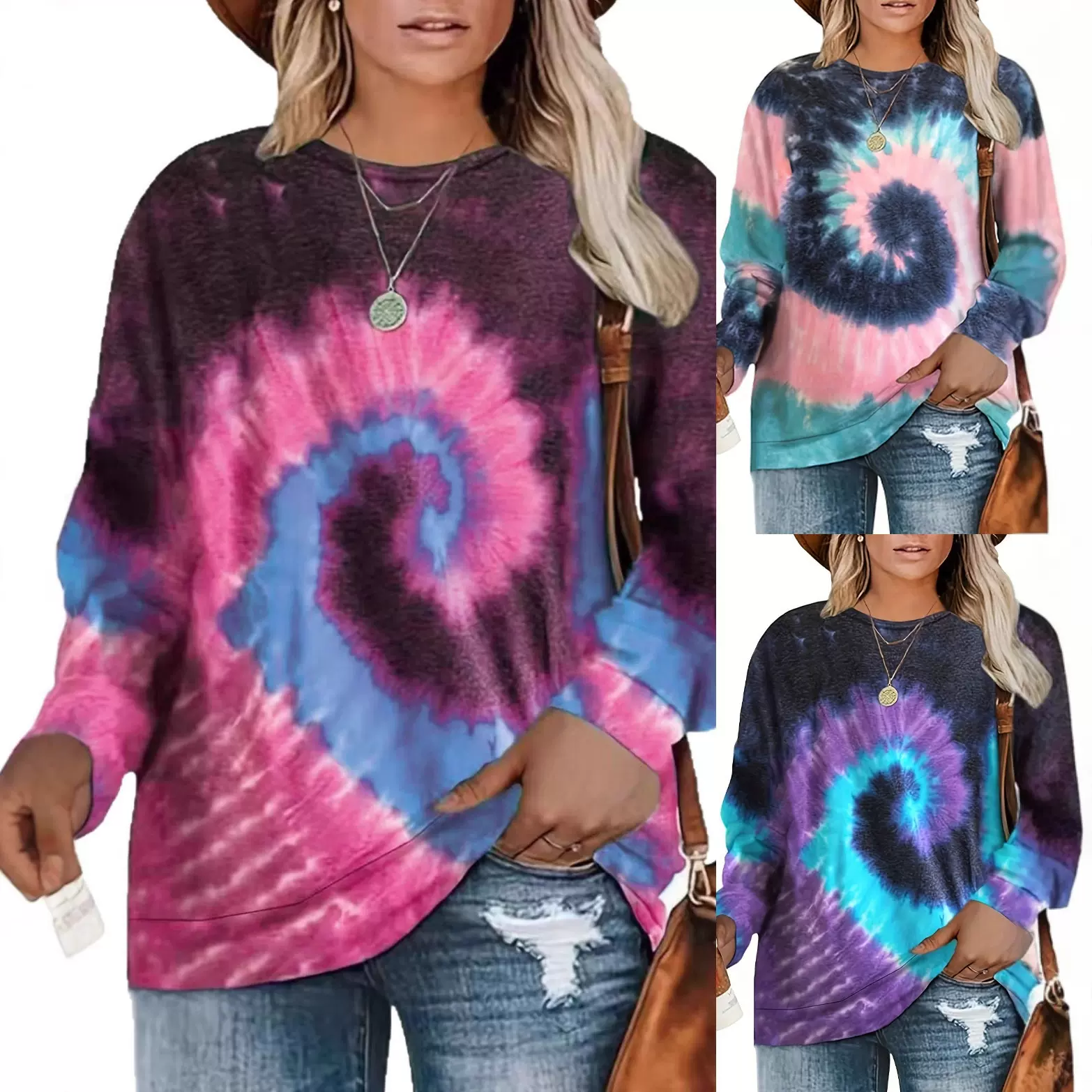 跨境亚马逊大码女装扎染长袖优雅套头T恤衫