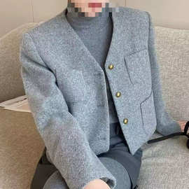 新品灰色毛呢小香风外套女早秋小个子感港风复古宽松休闲短款上衣