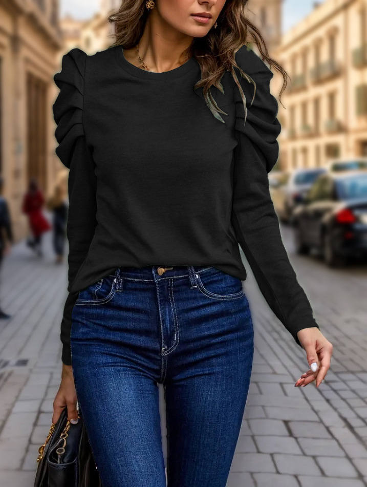 Ropa de Mujer de Manga Corta para Otoño e Invierno 2023, Estilo Europeo y Americano, Nueva Colección Transfronteriza de Amazon, Cuello Redondo de Cachemira de Alta Elasticidad, Ajuste Entallado, Mangas Abullonadas
