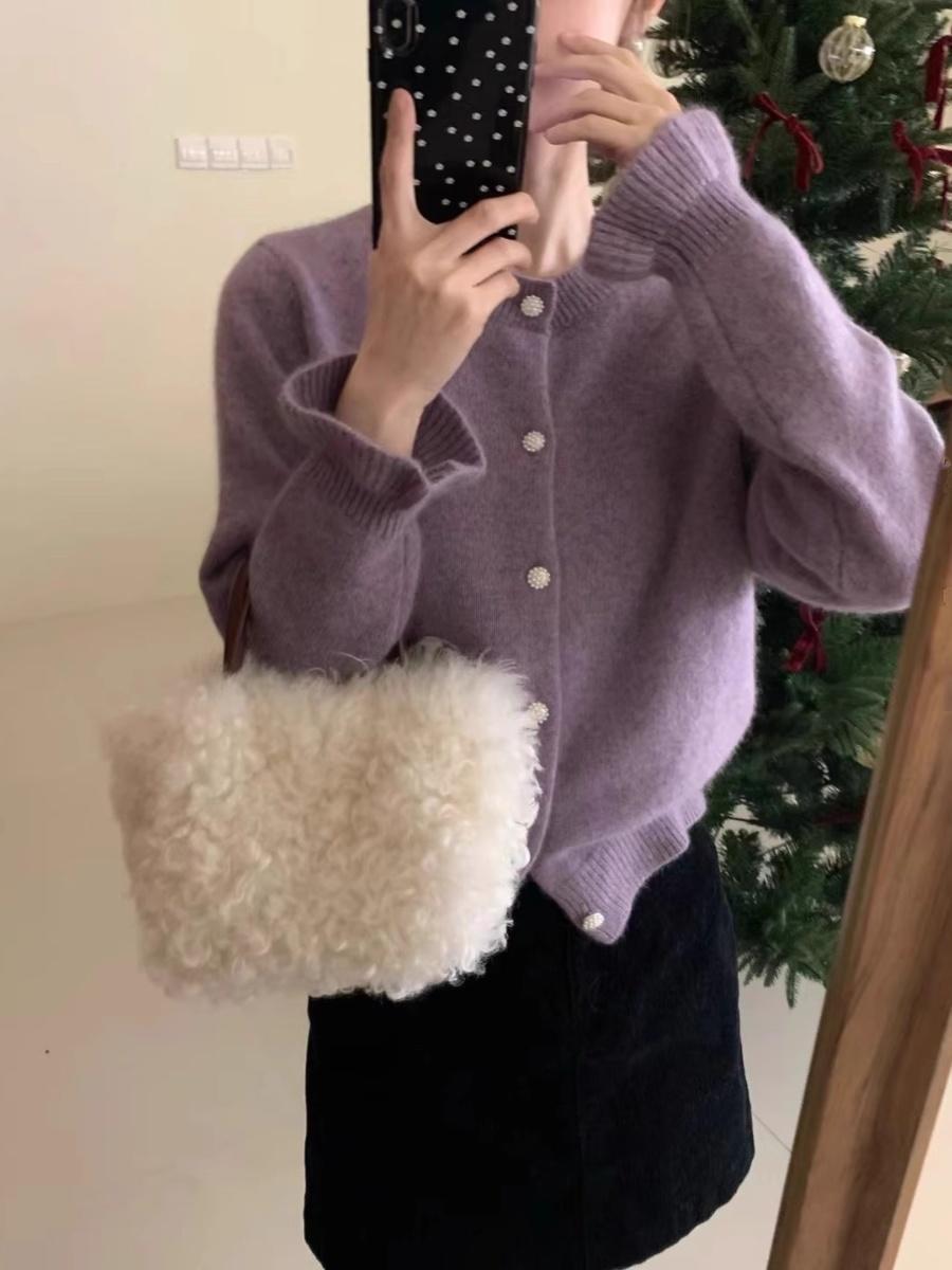 Cardigan coreano in velluto con scollo rotondo e maniche ricamate viola da donna, piccolo cappotto lavorato a maglia profumato primaverile_voghion.com