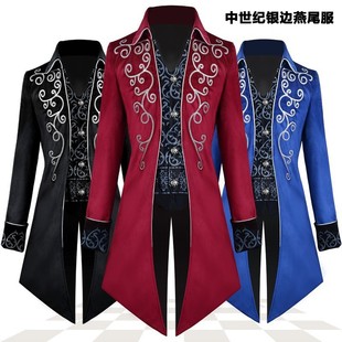 2025 Spring and Autumn Men's Vintage Silver Trimmed Tailcoat Cosplay Performance Costume Wholesale European and American Style