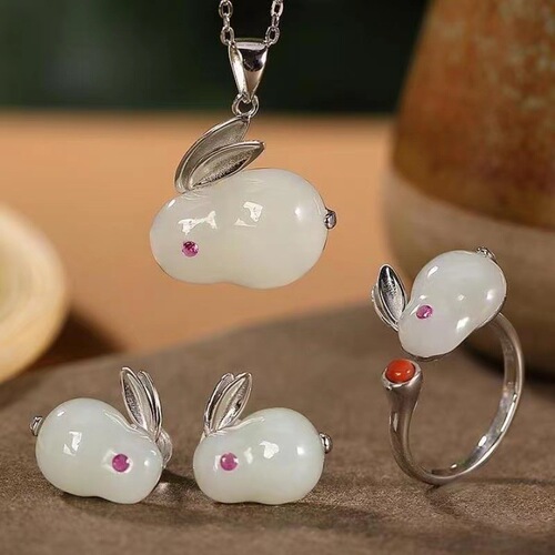 Jade Rabbit Set Imitating Natural Hetian Jade Ring, Ancient Gold Inlaid Jade Agate Rabbit Necklace, Cute Rabbit  Rabbit Year