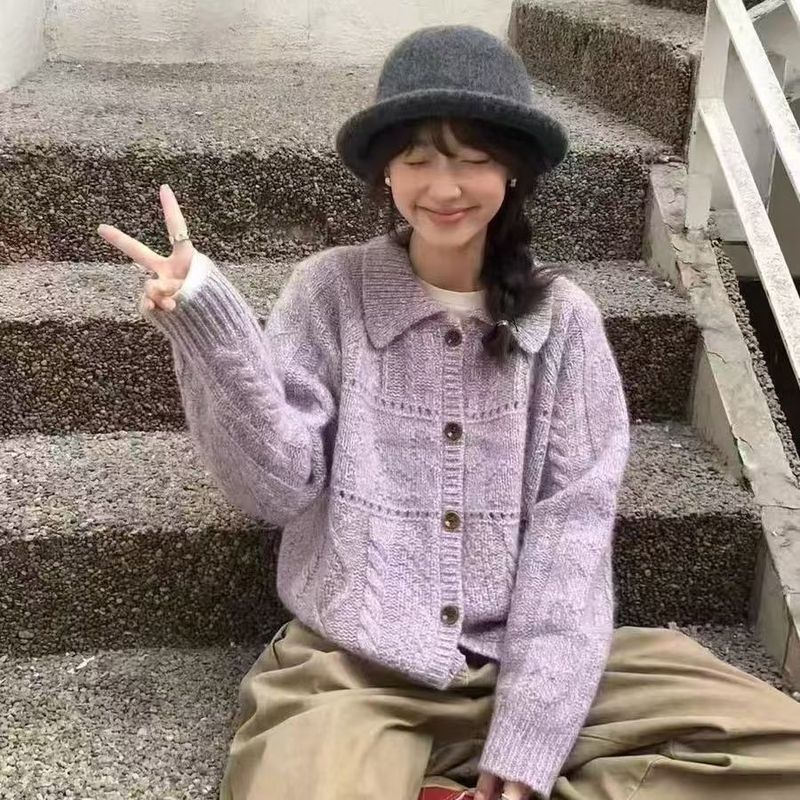 复古风毛衣女韩系百搭宽松2025早秋新款外套麻花翻领混纺针织开衫|undefined