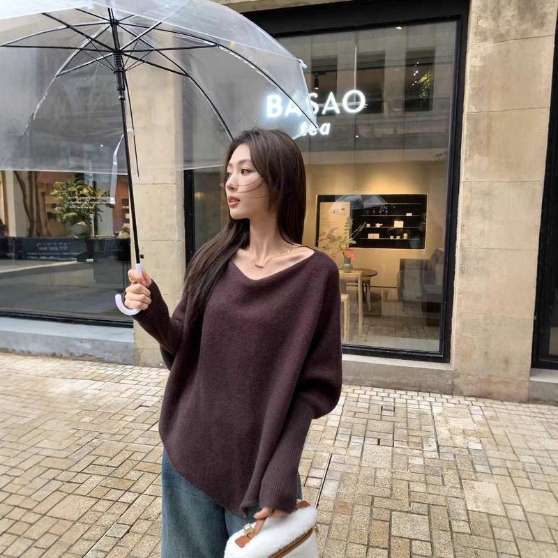 温柔风韩版蝙蝠袖针织毛衣女2025秋冬新款一字领慵懒不规则上衣潮|undefined