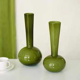 高级感琉璃花瓶橄榄绿法式中古手工小众艺术蝴蝶兰插花瓶客厅摆件