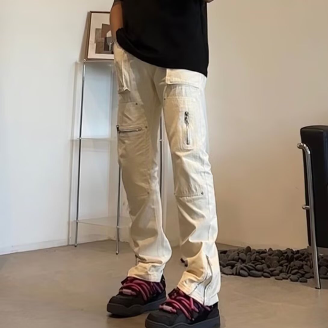 Unisex Boyfriend Style White Denim Jeans Rivet Design Straight Leg Trendy Floor Length Pants American High Street_mkmklike.com