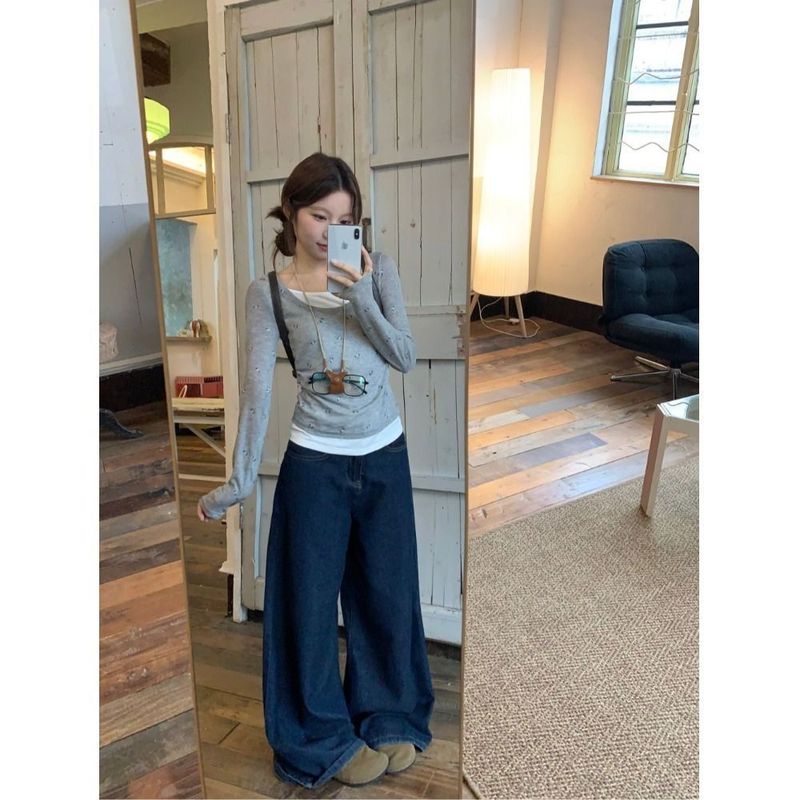 欧美跨境亚马逊小众假两件蝴蝶结印花T恤女秋季修身防晒长袖上衣|undefined