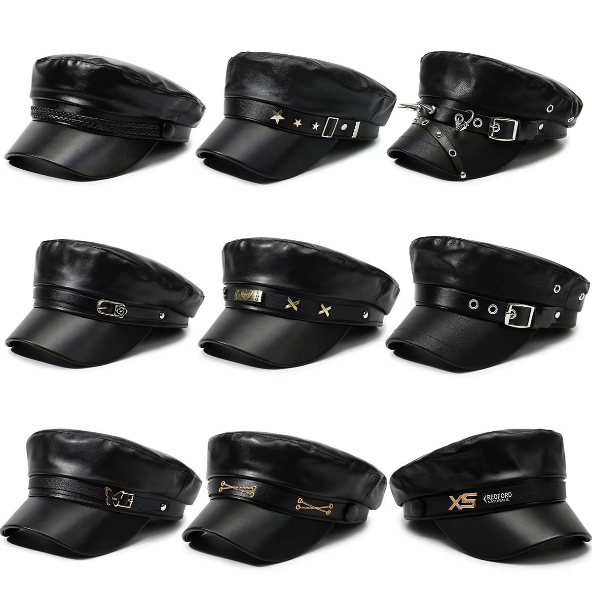 New PU leather beret hat for spring and autumn, British style flat-top duckbill beret, simple solid color leather artist hat