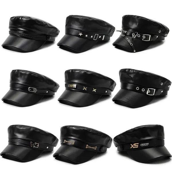 New PU leather beret hat for spring and autumn, British style flat-top duckbill beret, simple solid color leather artist hat