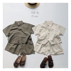 Korean ramie children's striped short-sleeved shirt summer new style striped shirt for boys and girls casual retro versatile