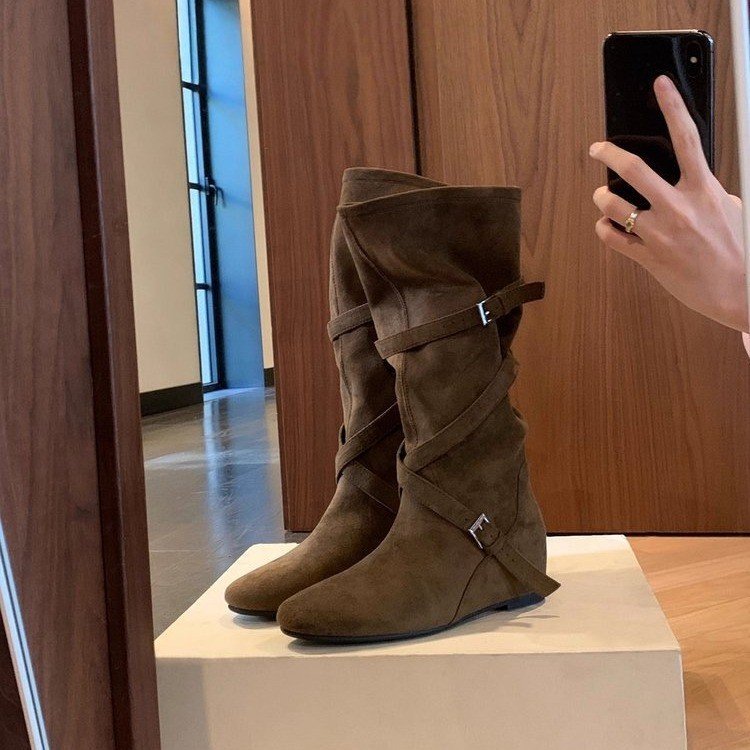 Height Increase 6cm~ 2025 Autumn and Winter New Korean Style Knight Boots Round Toe Buckle Strap Soft Pleated Slim High Boots for Women