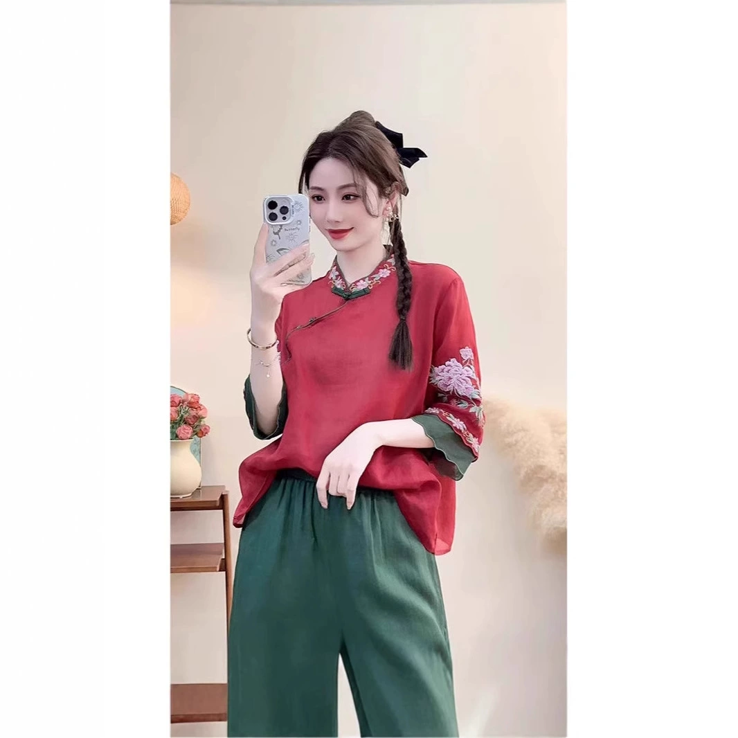 Летний новый китайский стиль ретро хлопчатобумажная льняная рубашка новый китайский стиль с вертикальным вырезом