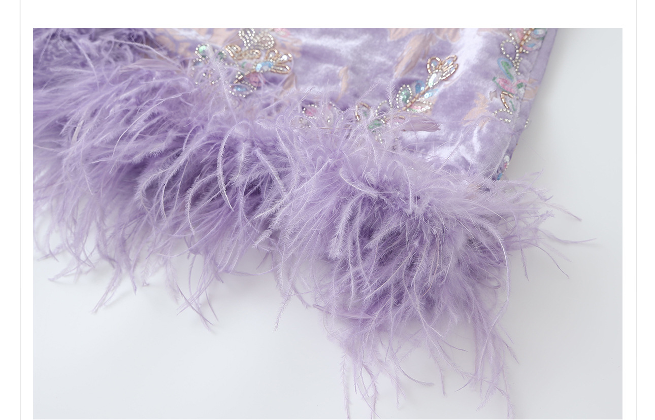 Đầm maxi nữ thắt eo phong cách cổ điển sang trọng kết hợp lông đà điểu và đính sequin thêu — màu tím chi tiết 18