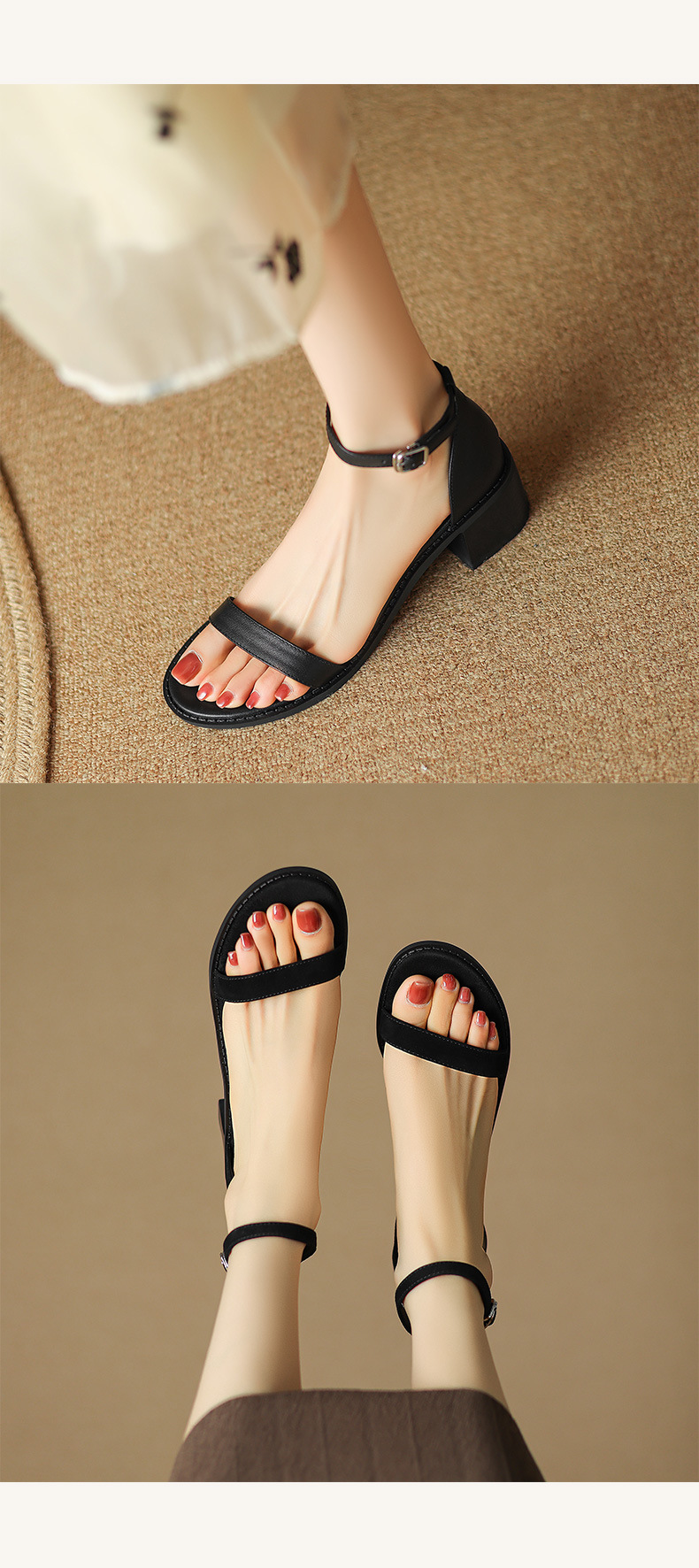 Sandal nữ hở mũi gót thô quai ngang khóa bấm — Màu Đen [da cừu] chi tiết 9