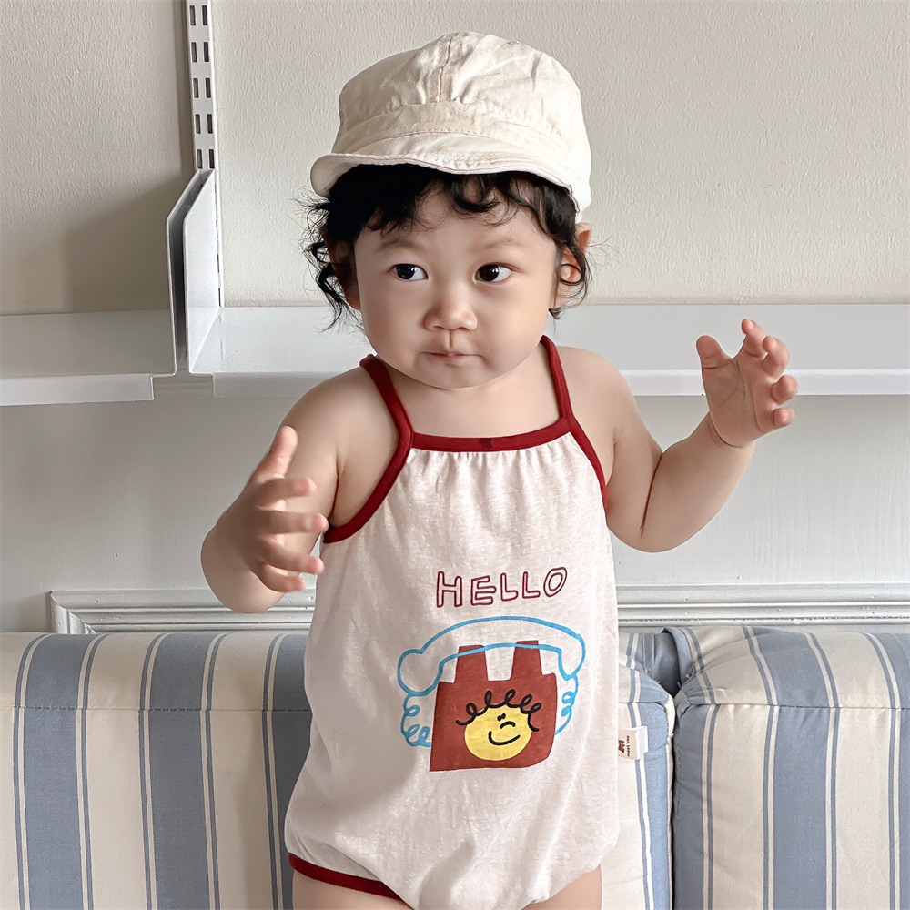 Verano coreano estilo ins diseño de nicho estilo delgado letras de dibujos animados bebé sin mangas 0-2 años cabestrillo fuera mamelucos