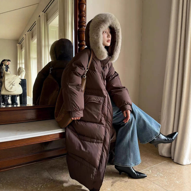 Pinghu women's down jacket new winter model, 90% white duck down, fox fur collar, thickened and extended over-the-knee coat, wholesale