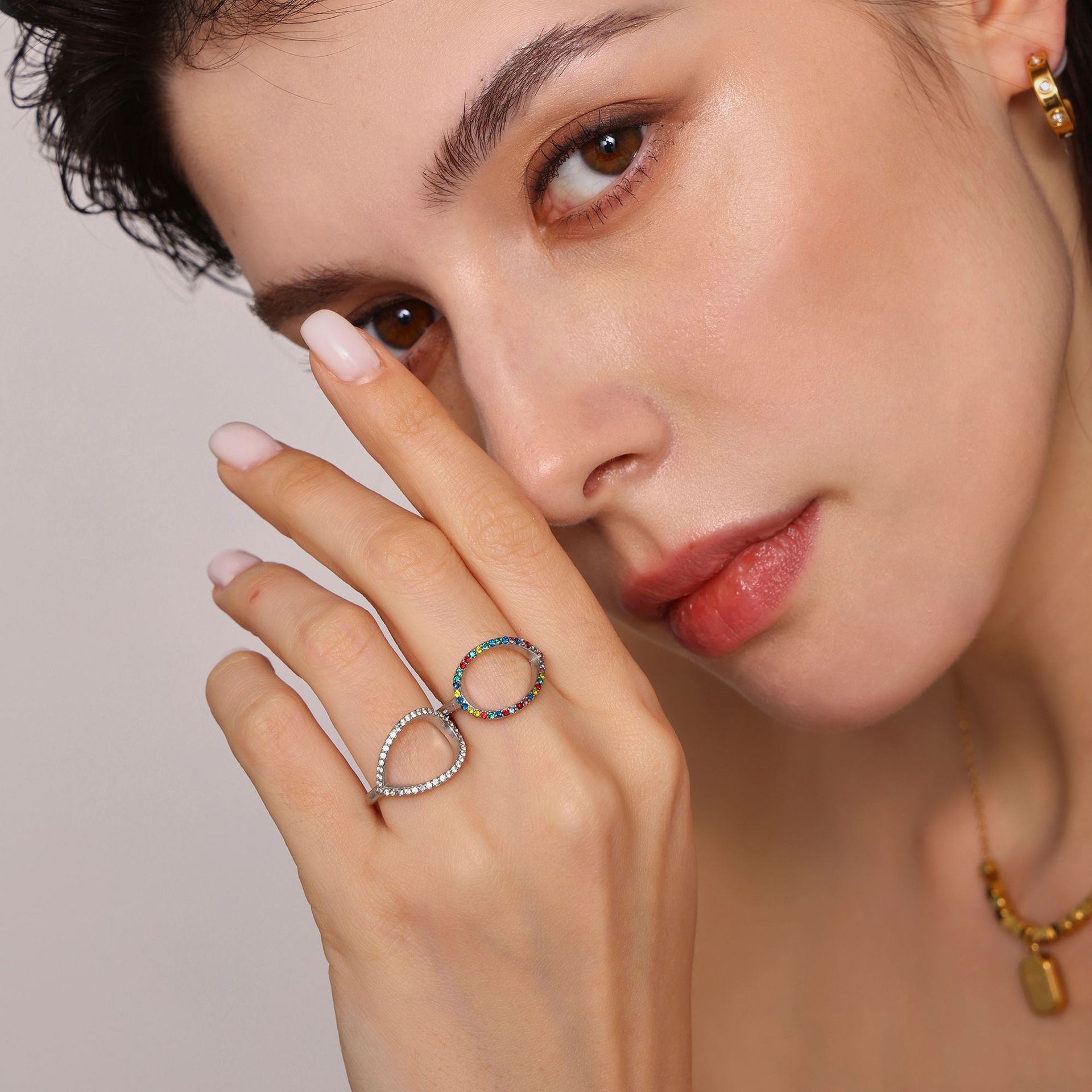 Suikerklontje Ins Duivenei Waterdruppel Super Flash CNC Ingelegde Zirkoon Ring Zijopening Verstelbare RVS Kleur Vasthoudende Staartring_voghion.com