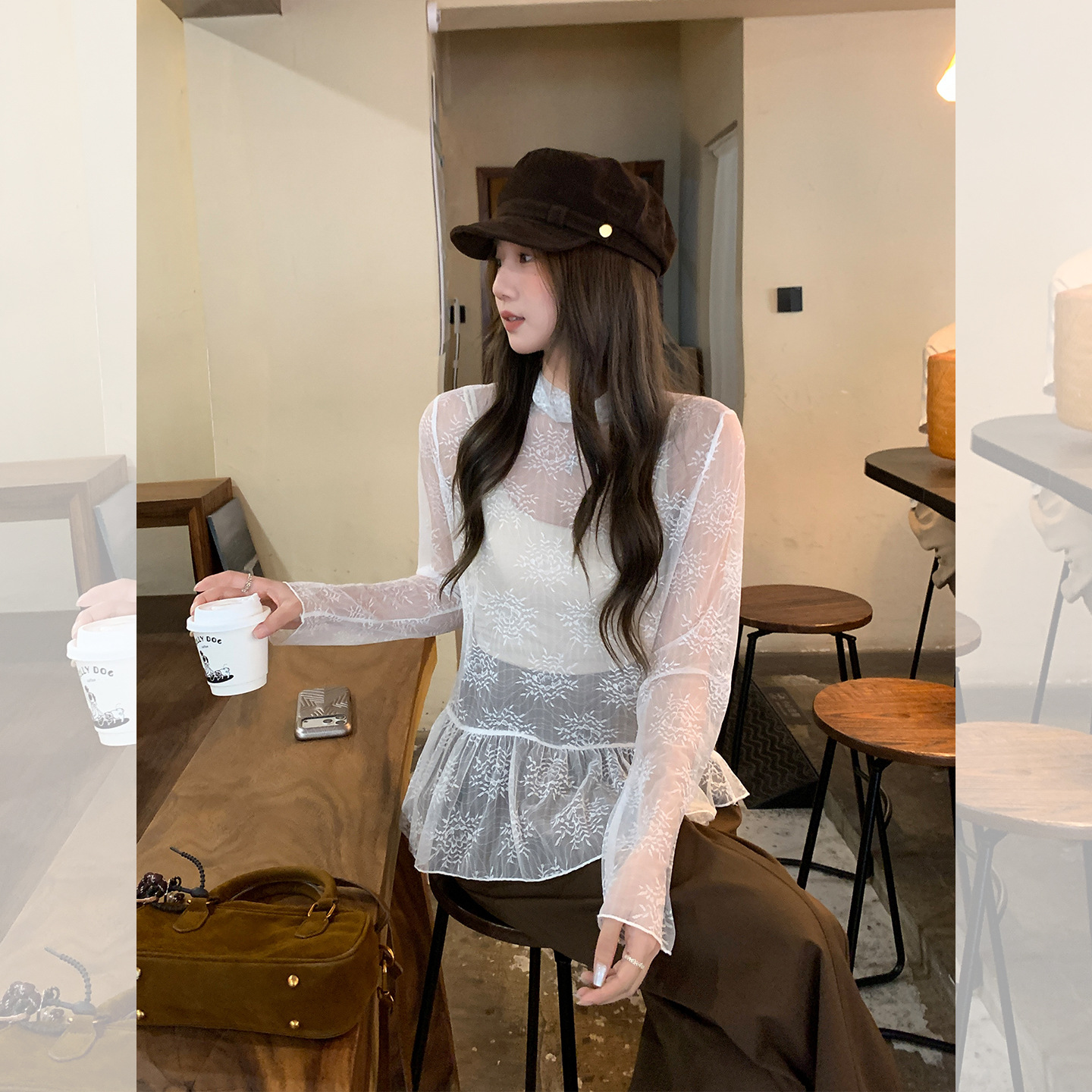 蕾丝微透半高领叠穿荷叶边雪纺纱女2025秋季新款内搭打底衫上衣