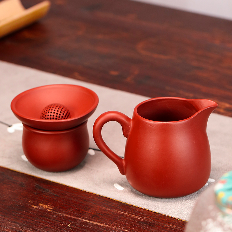 公道杯宜兴紫砂原矿大红袍球孔滤网茶漏套装一体宜兴纯手工分茶器|ru