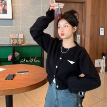 黑色毛衣外套女装2025新款小香风早初秋季小个子薄款针织开衫上衣