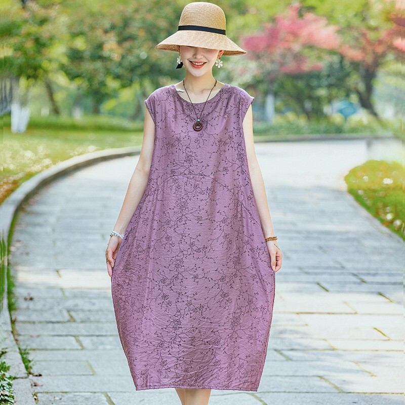 Middle-Aged Fashionable Mother's Clothing Summer 2025 New Color Literary Tencel Jacquard Dress Casual Loose Large Size