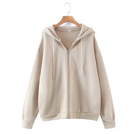2020跨境秋季女装纯色拉链卫衣开衫帽衫女