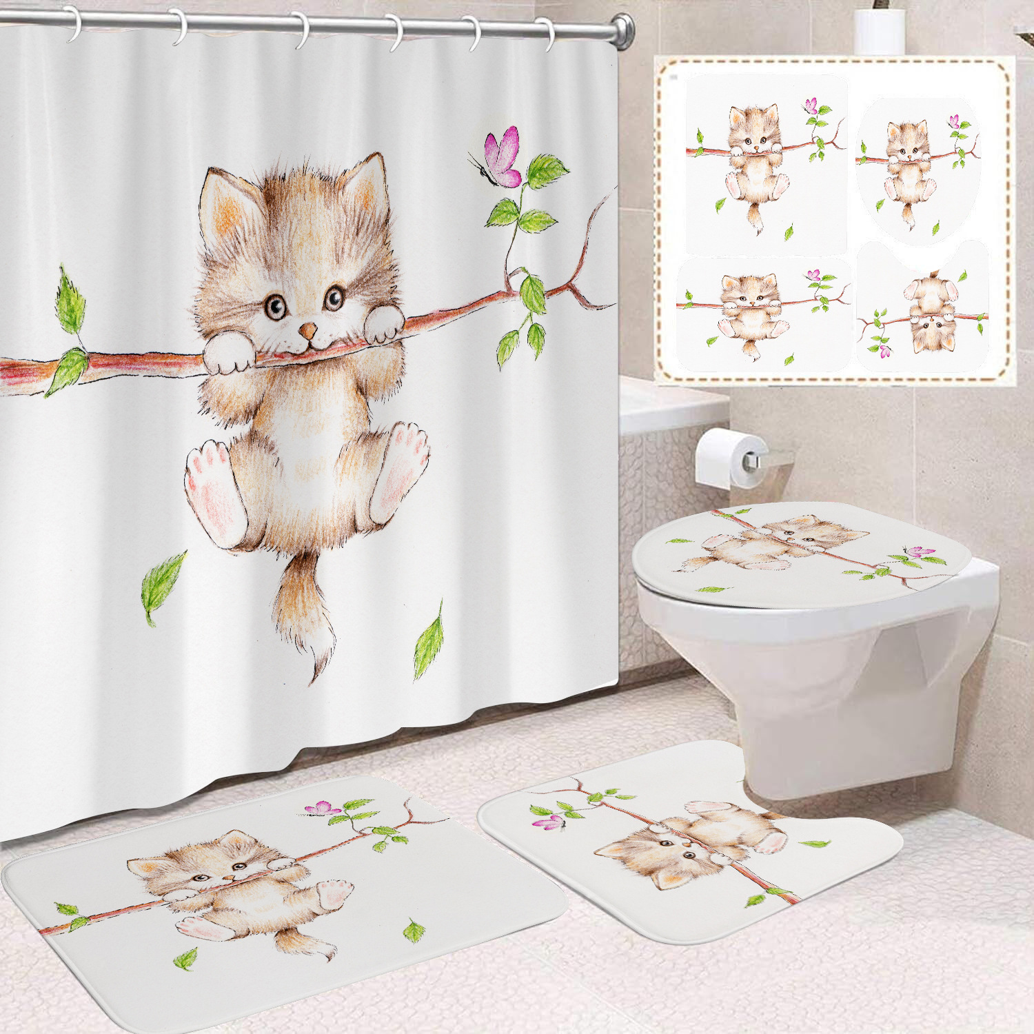 Fuente de fabricantes Amazon animales gatos niños cortina de ducha impermeable a prueba de moho cortina de ducha inodoro partición de baño divertido