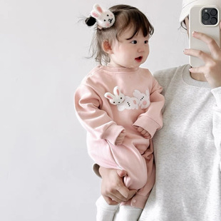 Female Baby Super Cute Bodysuit 2025 Autumn Korean Style Baby Female Rabbit Long Sleeve Sweatshirt Hak-shirt Climbing Clothes Outfit