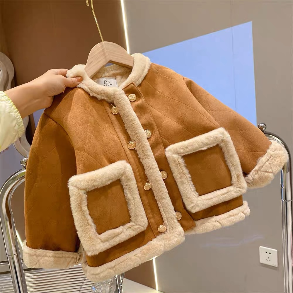 Chaqueta con Capucha para Niñas, Otoño-Invierno 2025, Nuevo Estilo, Ropa Infantil, Lana de Cordero, Gruesa y Moderna para Bebés