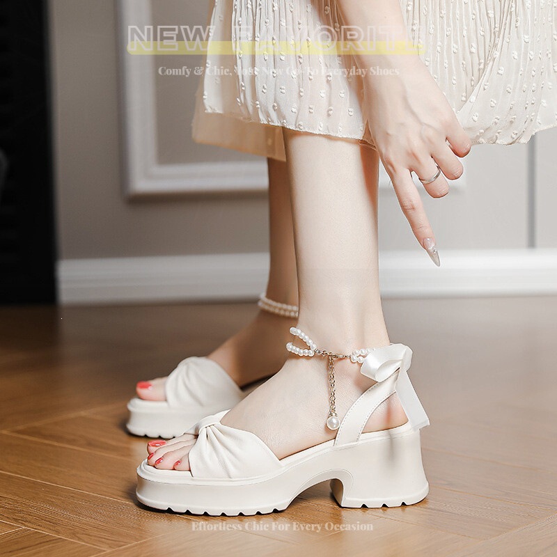French Fairy Style Pearl Bow Thick-Soled Sandals for Women 2025 New Fashion High-Heeled Versatile Roman Shoes French Fairy Style Pearl Bow Thick-Soled Sandals for Women 2025 New Fashion High-Heeled Versatile Roman Shoes