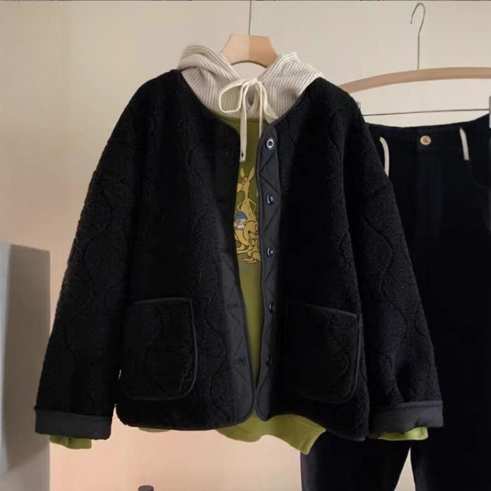 高级感炸街小香风羊羔毛摇粒绒皮毛一体短款黑色外套厚女装秋冬款|undefined