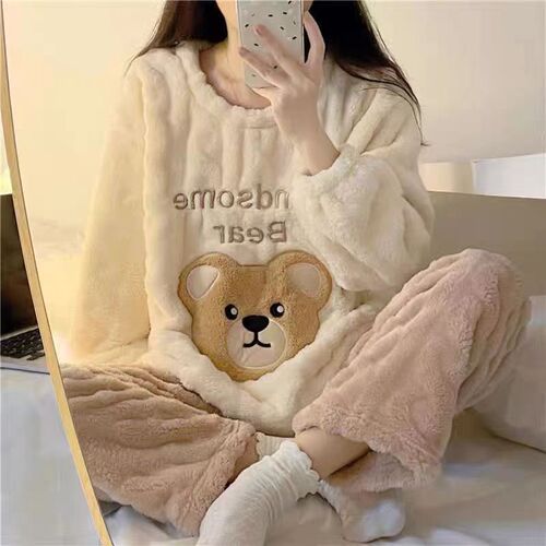 Flannel pajama set for women - winter two-piece set, Korean-style sweet and cute student homecoming coral fleece lined and thick bedding set