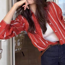 韩国东大门女装高货2025年夏季港风复古红色条纹宽松衬衣
