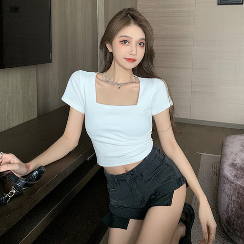 2022 Summer New Slim Fit Square Neck Short Sleeve T-Shirt Women's High Waist Short Navel-Baring Bottoming Top Women's Clothing