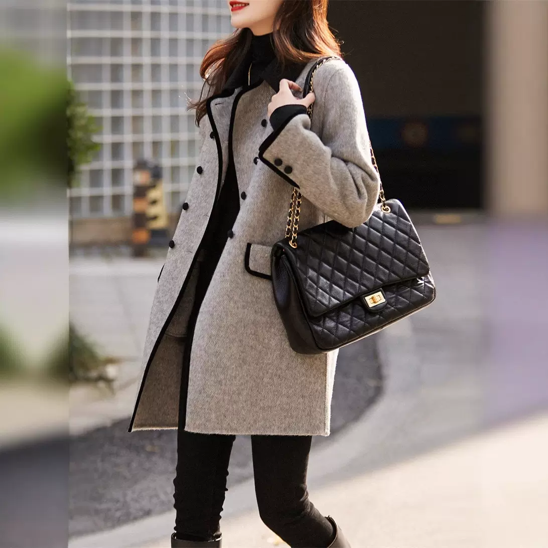 小翻领毛呢大衣女抖音秋冬新款时尚韩版显瘦休闲百搭气质撞色灰色