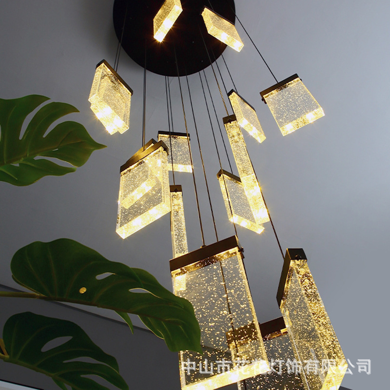别墅复式楼客厅大吊灯欧式楼中楼奢华方形水晶吊灯旋转楼梯长吊灯