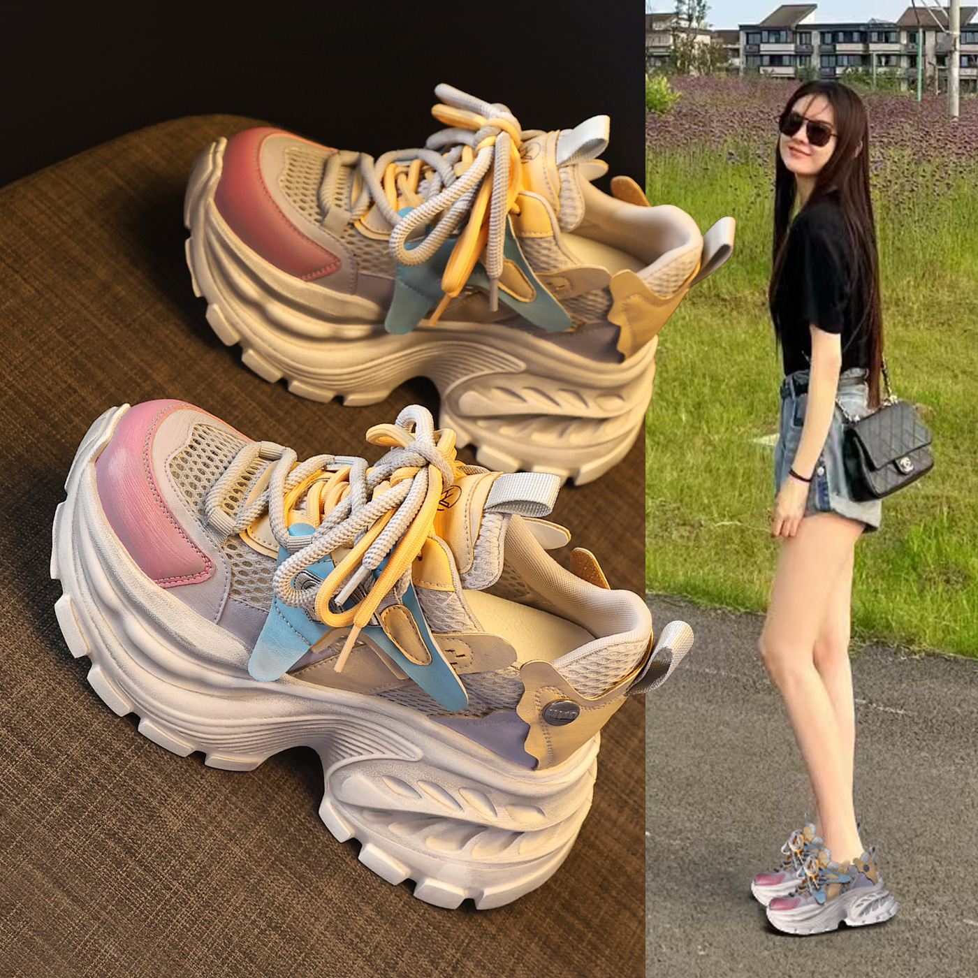 Giày sneaker nữ chunky đế dày tăng chiều cao, lưới thoáng khí, đa năng — màu sắc