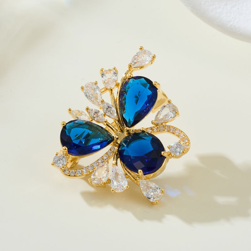 Luxurious and Elegant Flower Brooch, Fashionable and High-End Micro-Encrusted Zirconium Ink Blue Corsage, Exquisite Female Brooch