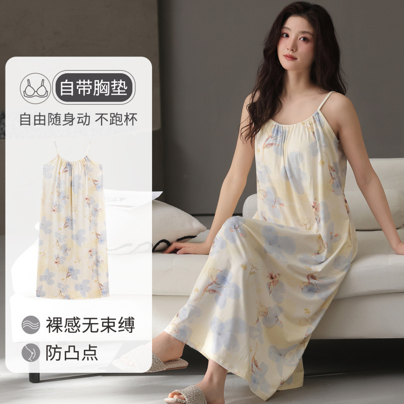Women's Summer Modal Cool Cotton Nightgown with Breast Pads and Suspenders, Sweet Princess Style Home Wear for Summer Women's Summer Modal Cool Cotton Nightgown with Breast Pads and Suspenders, Sweet Princess Style Home Wear for Summer