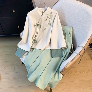Actual Shot of New Chinese Style Jade Bamboo Slanted Lapel Stand Collar Printed Lace-Up Long-Sleeved Han Dynasty Top Improved Skirt Suit